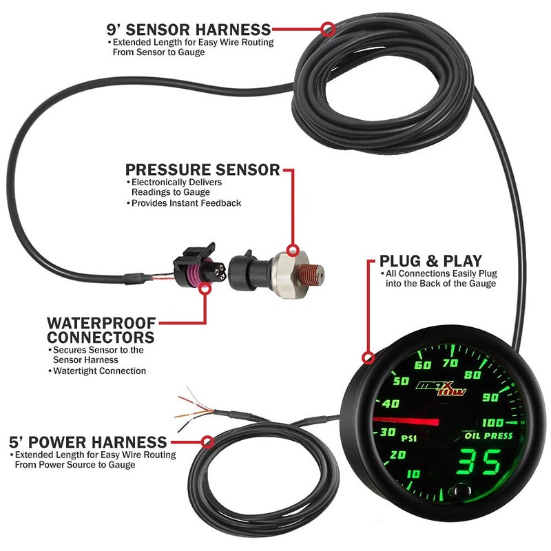 MaxTow Double Vision 100 PSI Oil Pressure Gauge Kit - Includes Electronic Sensor - Black Gauge Face - Green LED Illuminated Dial - Analog & Digital Readouts - for Trucks - 2-1/16" 52mm - Image 3